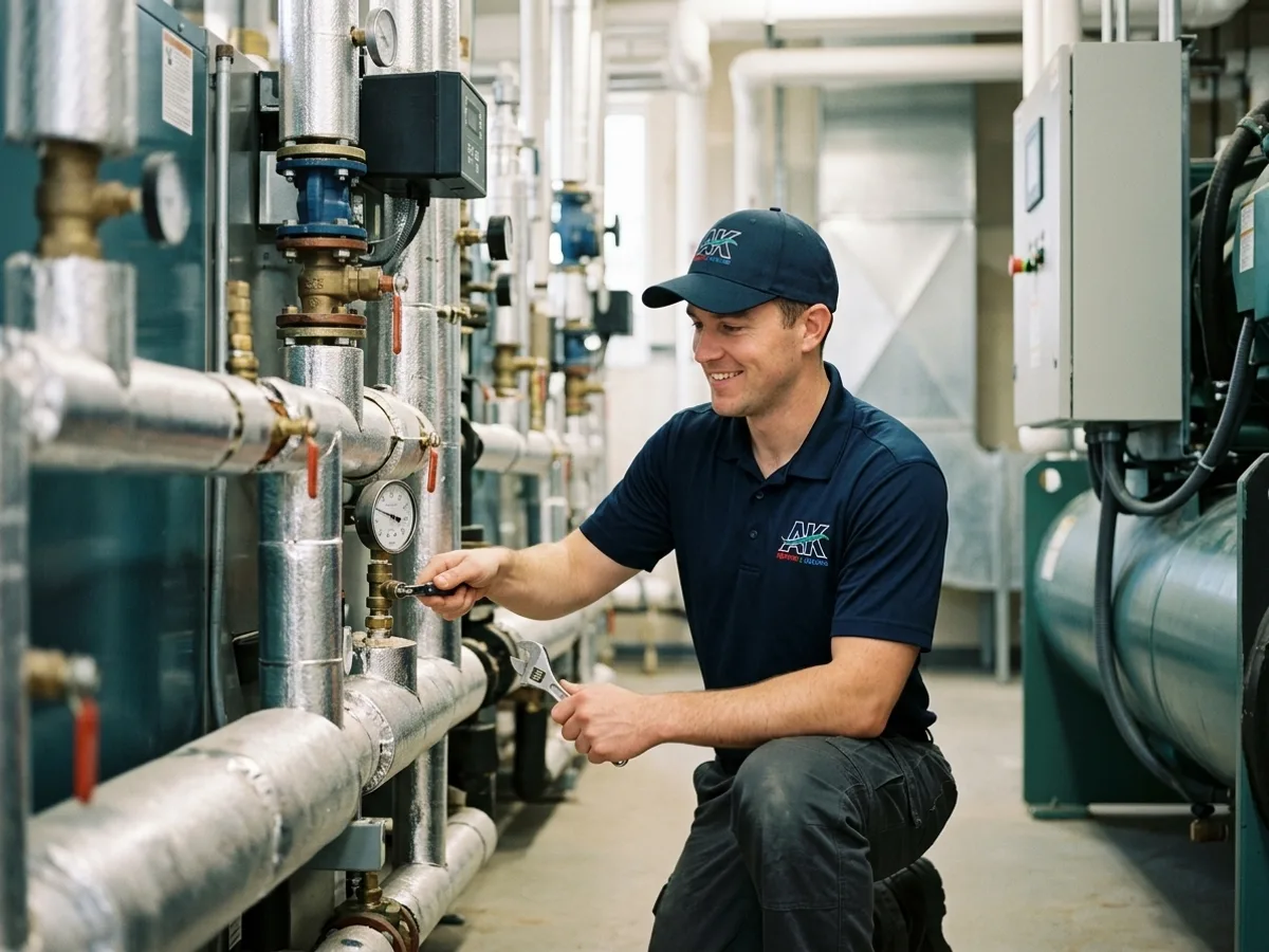 AK Heating & Cooling technician servicing a commercial boiler and chiller plant in Northeast Ohio