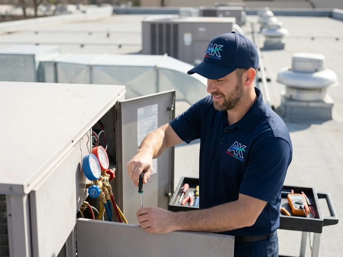 AK Heating & Cooling commercial technician servicing a rooftop unit in Northeast Ohio