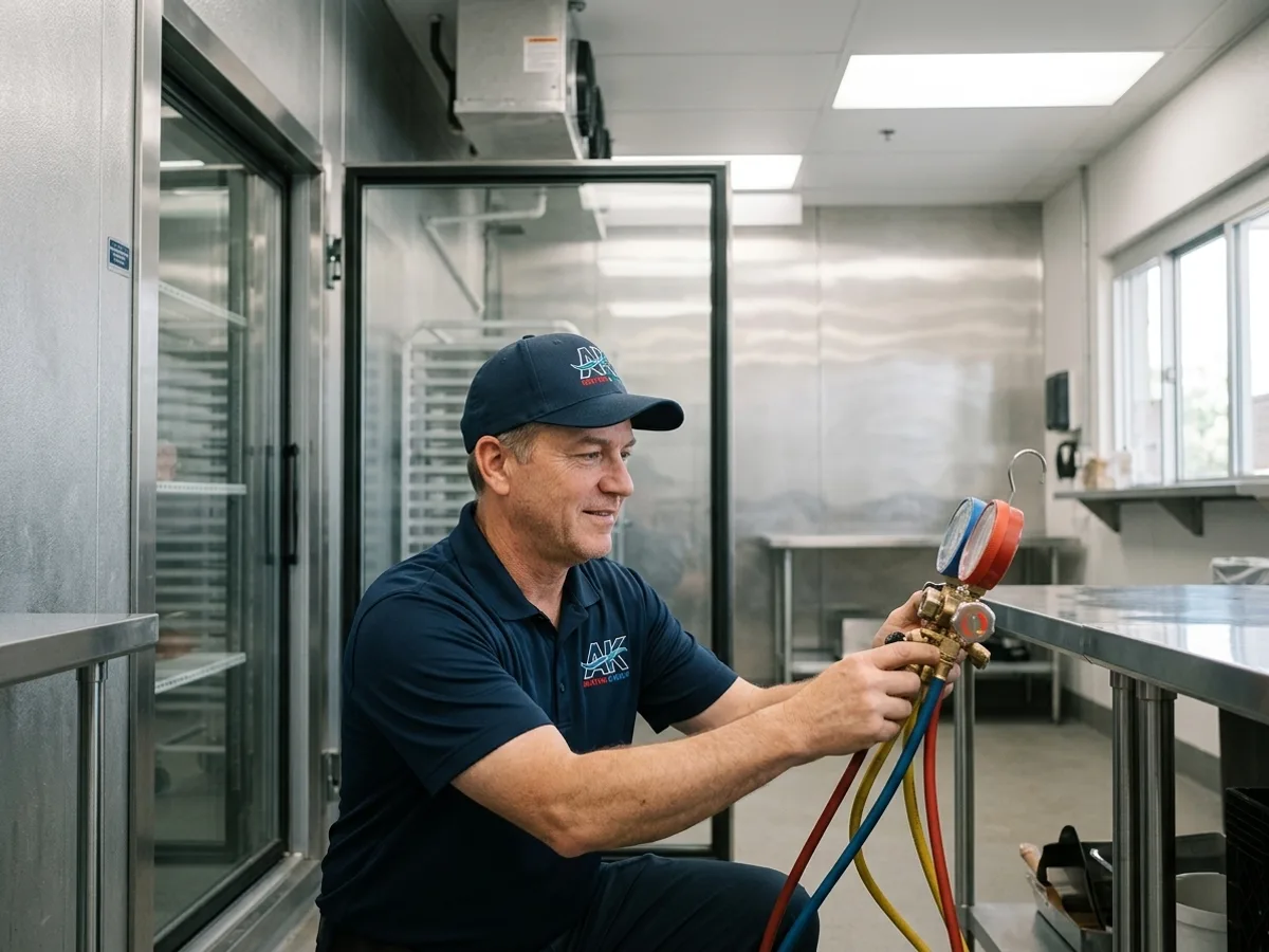AK Heating & Cooling commercial refrigeration tech servicing a walk-in cooler