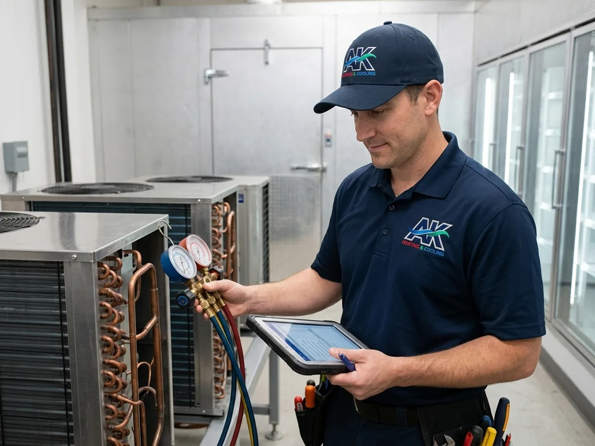 AK Heating & Cooling technician on a quarterly commercial refrigeration maintenance visit