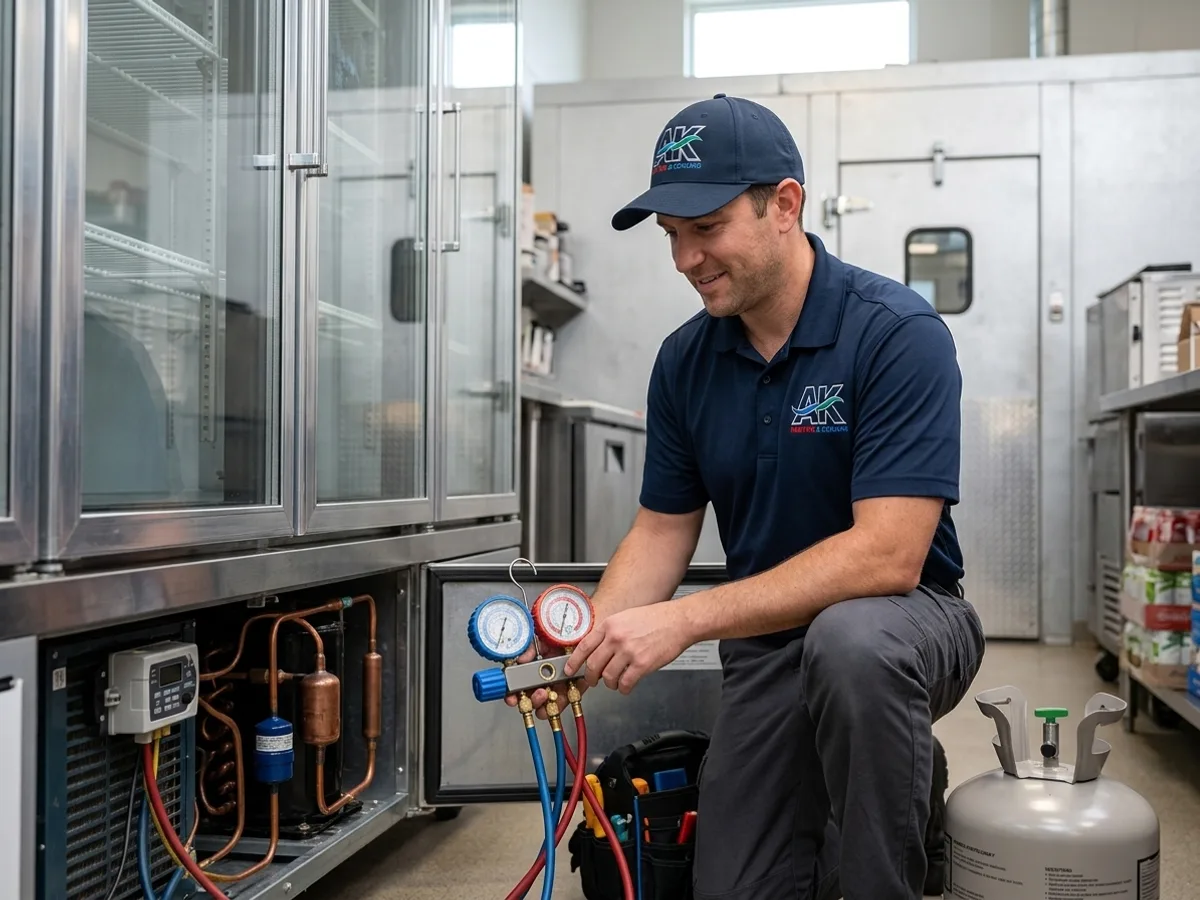 AK Heating & Cooling technician servicing a commercial reach-in cooler