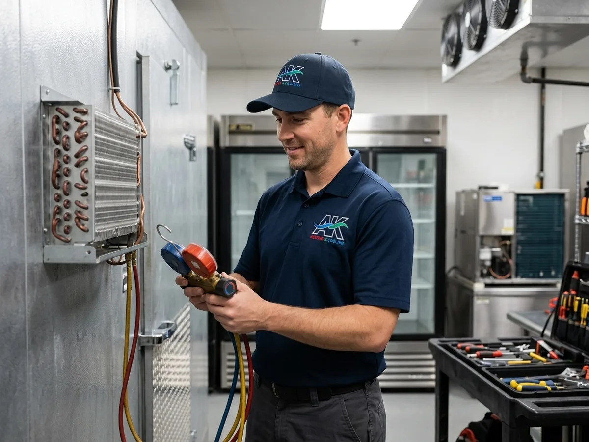 AK Heating & Cooling technician servicing a walk-in cooler condensing unit