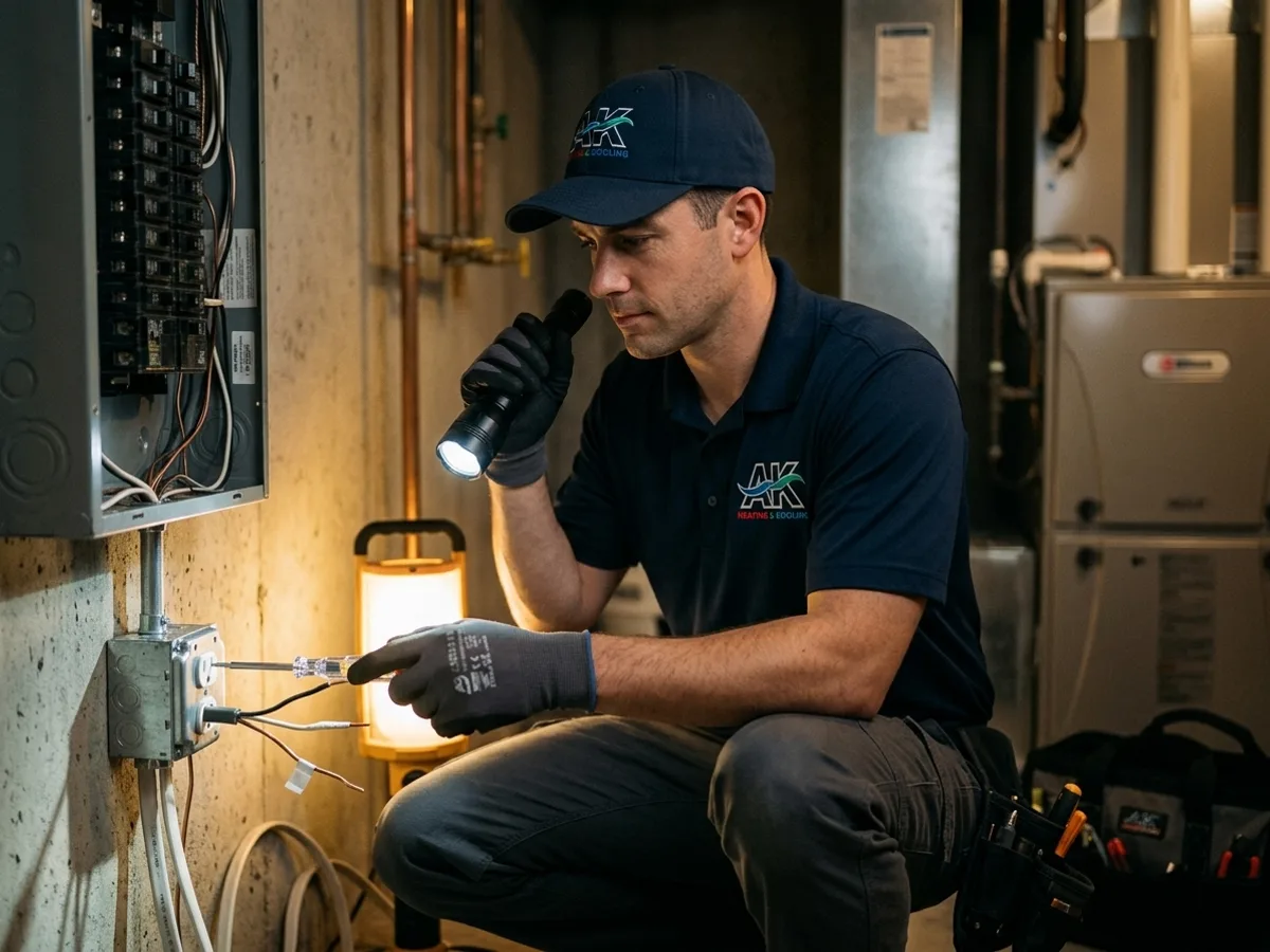 AK Heating & Cooling emergency electrician inspecting a scorched outlet at night