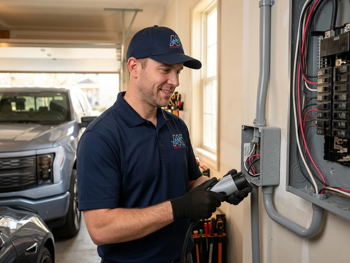 AK Heating & Cooling electrician installing a Level 2 EV charger in a Northeast Ohio garage