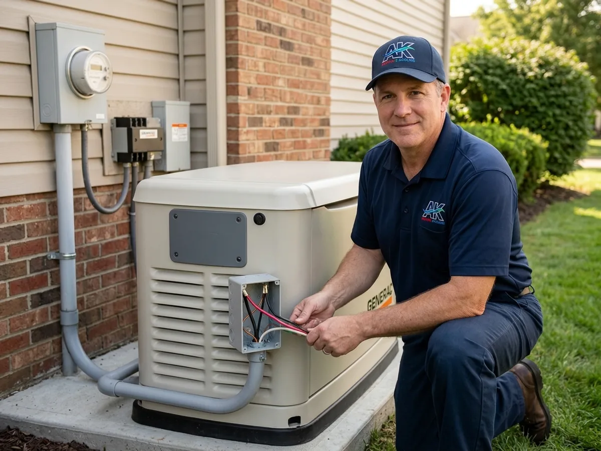 AK Heating & Cooling electrician wiring a Generac standby generator and transfer switch at a Northeast Ohio home