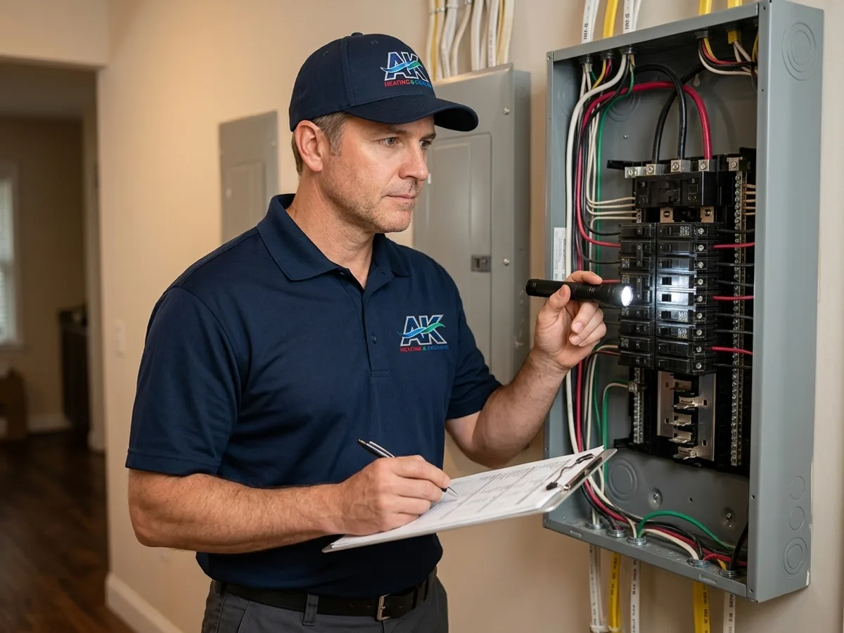 AK Heating & Cooling electrician performing an electrical safety inspection on a home's panel