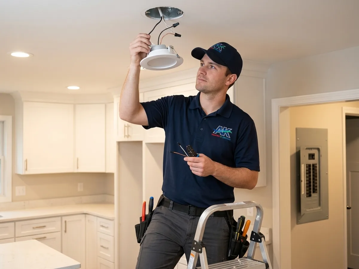 AK Heating & Cooling electrician installing recessed LED lighting in a Northeast Ohio kitchen
