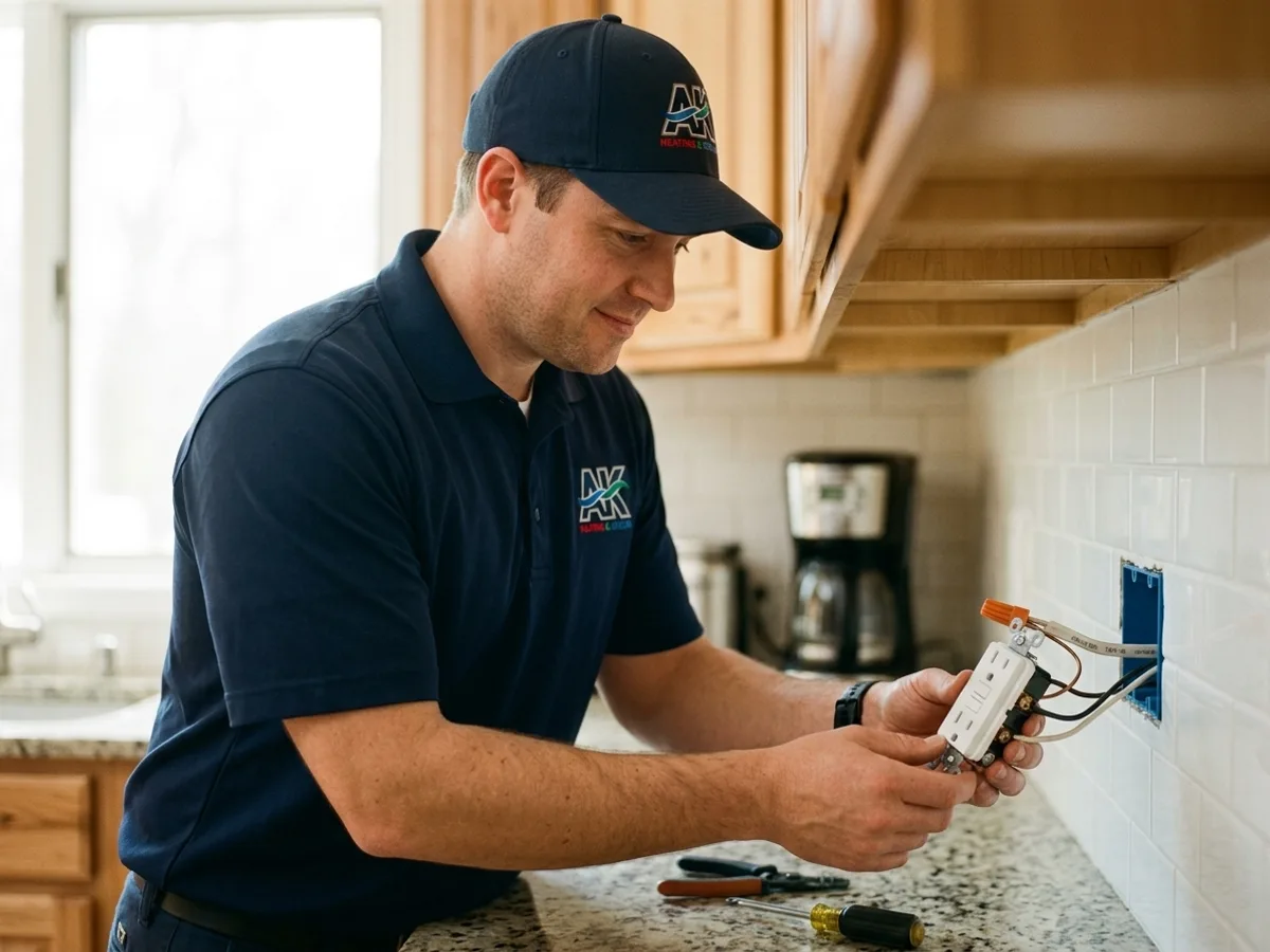 AK Heating & Cooling electrician installing a GFCI outlet in a Northeast Ohio kitchen