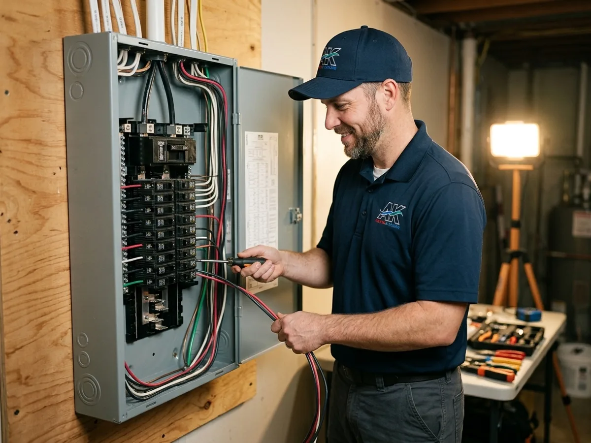 Licensed AK Heating & Cooling electrician installing a 200-amp electrical panel in a Northeast Ohio home