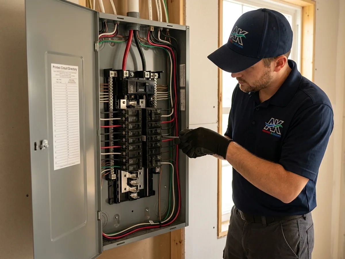 AK Heating & Cooling electrician installing a 200-amp breaker panel in a Northeast Ohio home