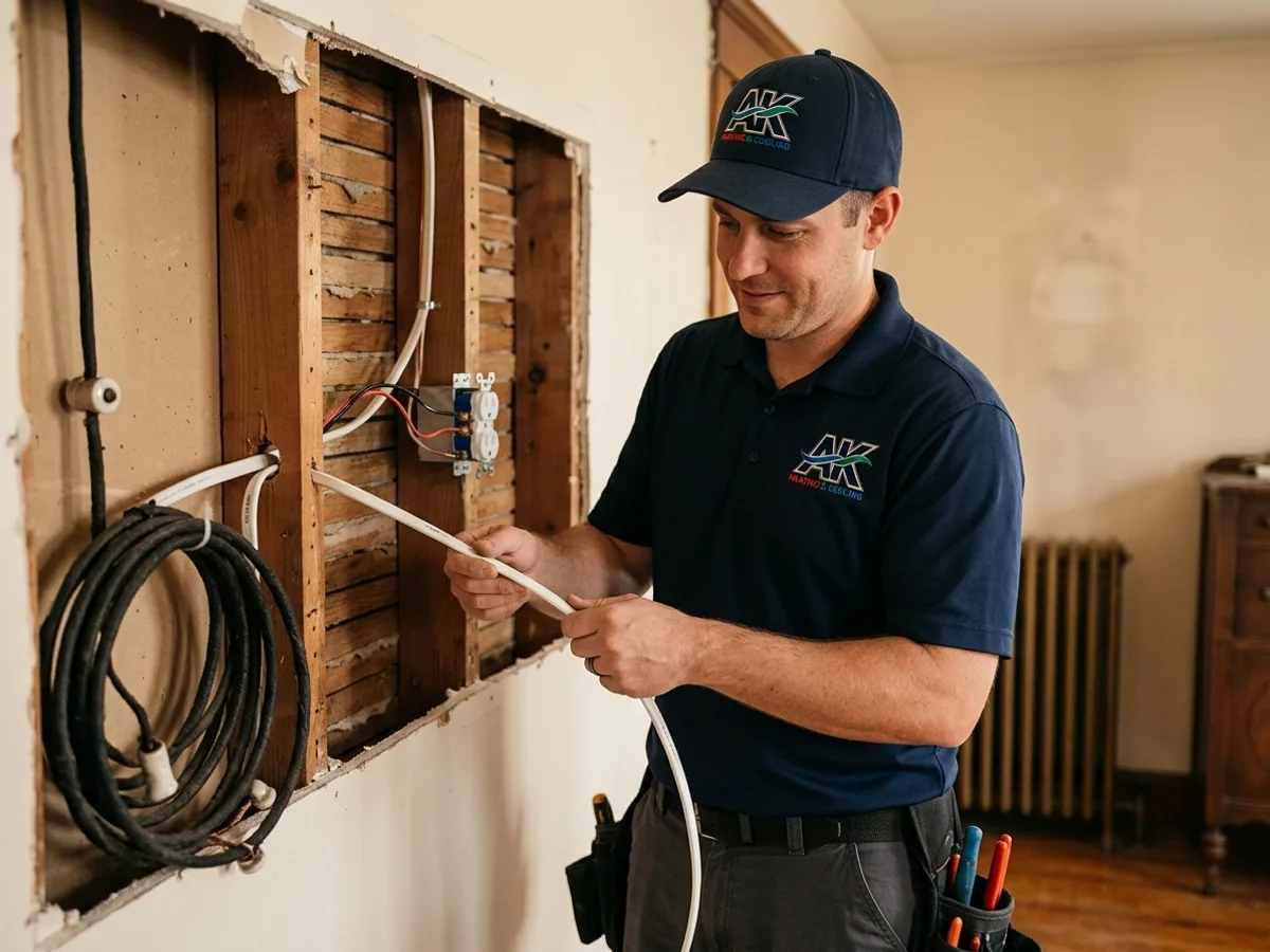 AK Heating & Cooling electrician replacing old wiring with modern copper in an older Northeast Ohio home