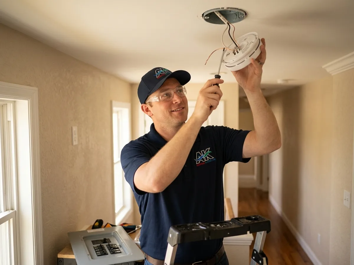 AK Heating & Cooling electrician installing a hardwired smoke and carbon monoxide detector