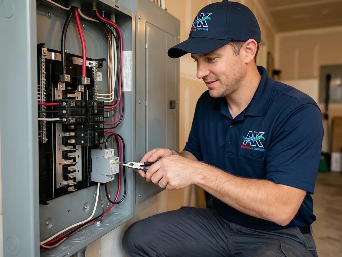 AK Heating & Cooling electrician wiring a whole-house surge protector into a breaker panel