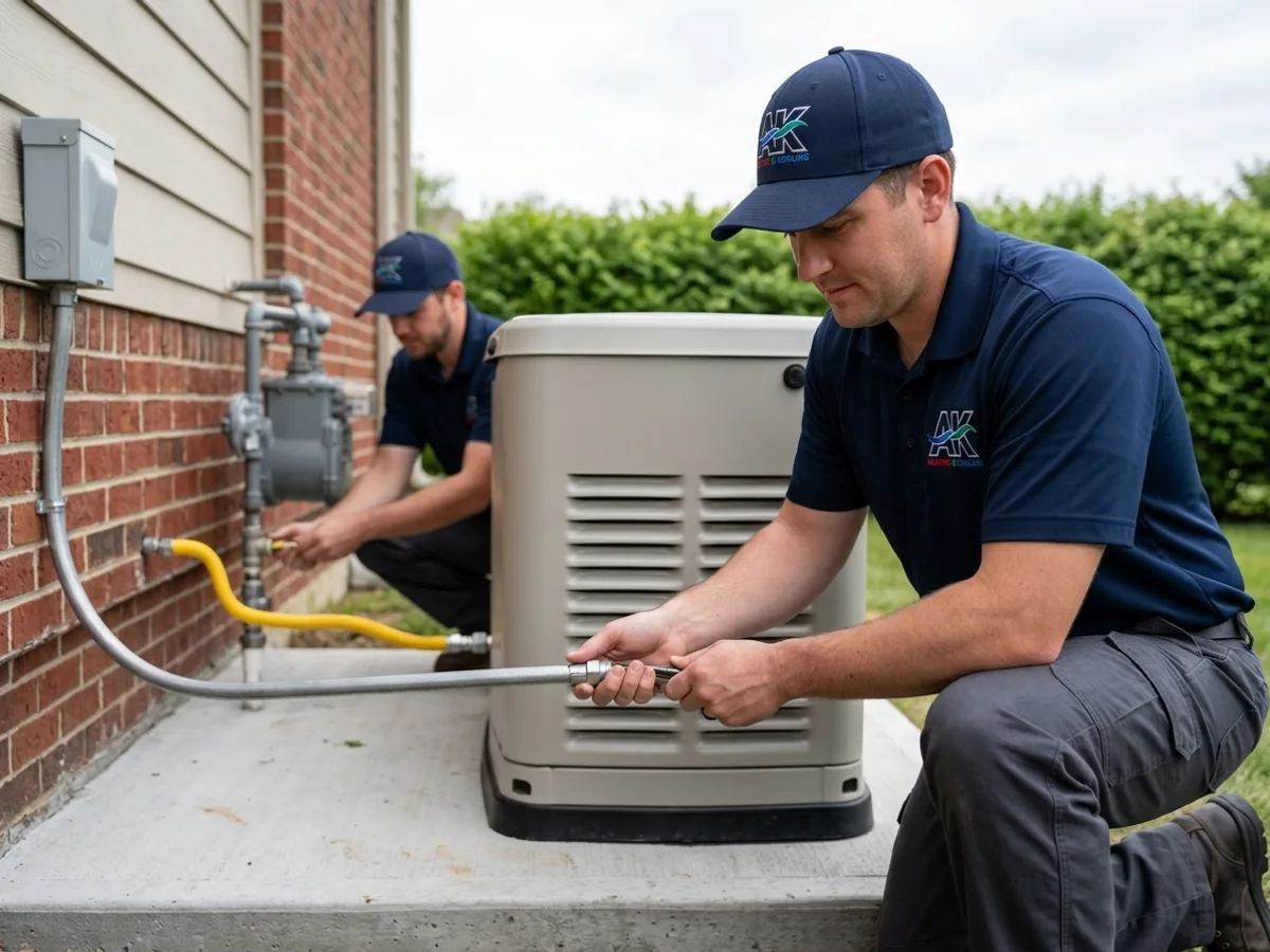 AK Heating & Cooling technicians installing a Generac generator in Northeast Ohio