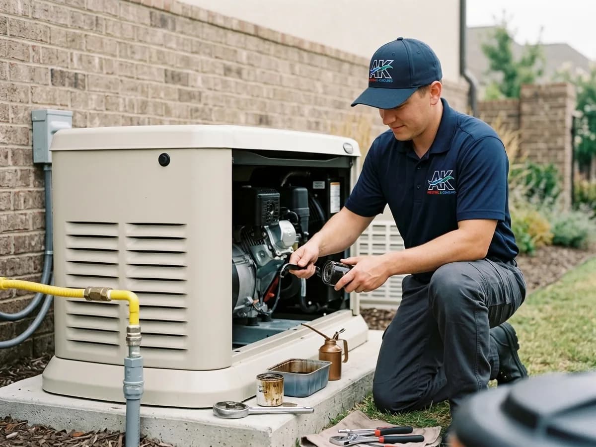 AK Heating & Cooling technician servicing a Generac standby generator