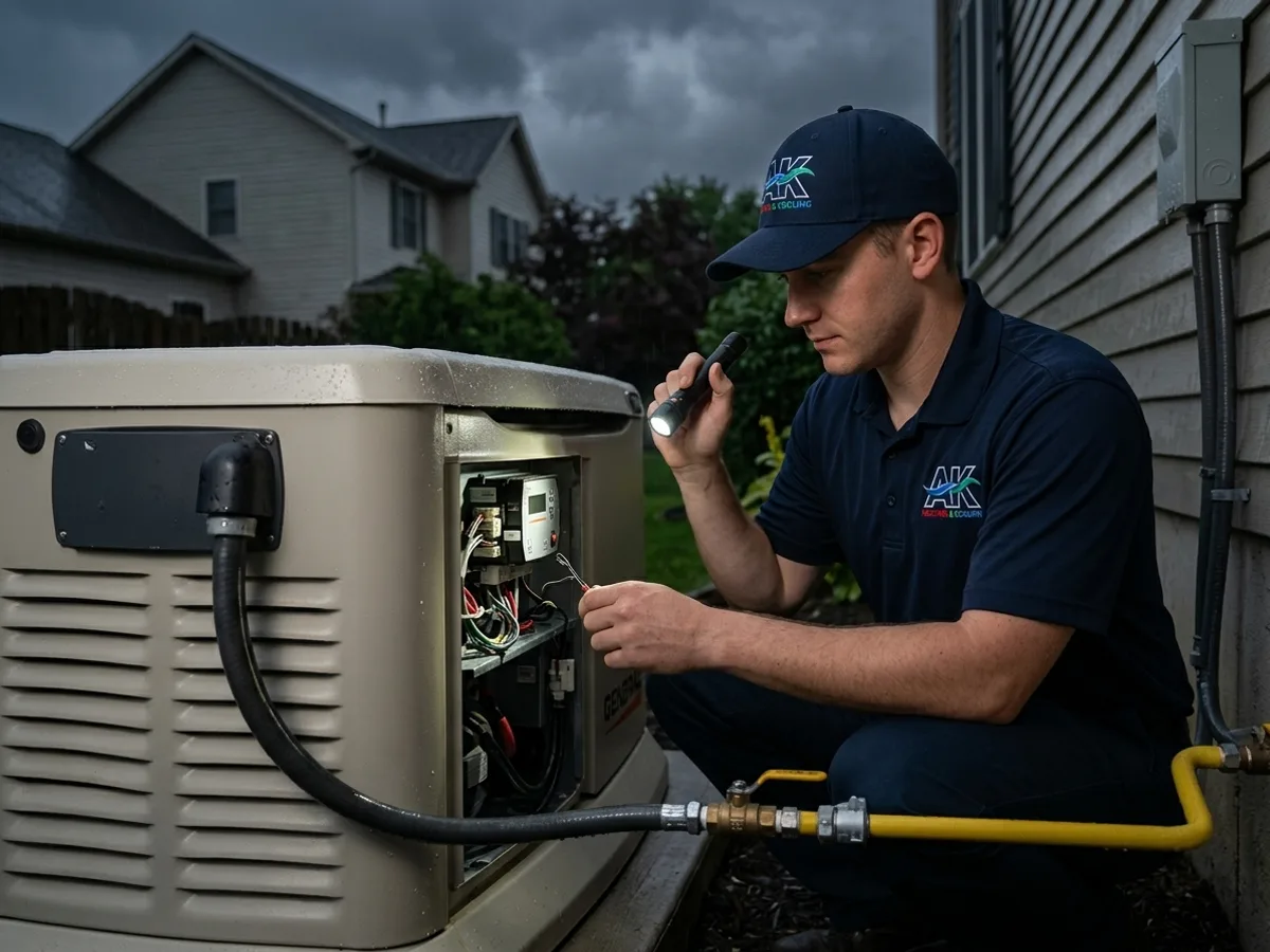 Technician diagnosing a Generac standby generator at a Northeast Ohio home