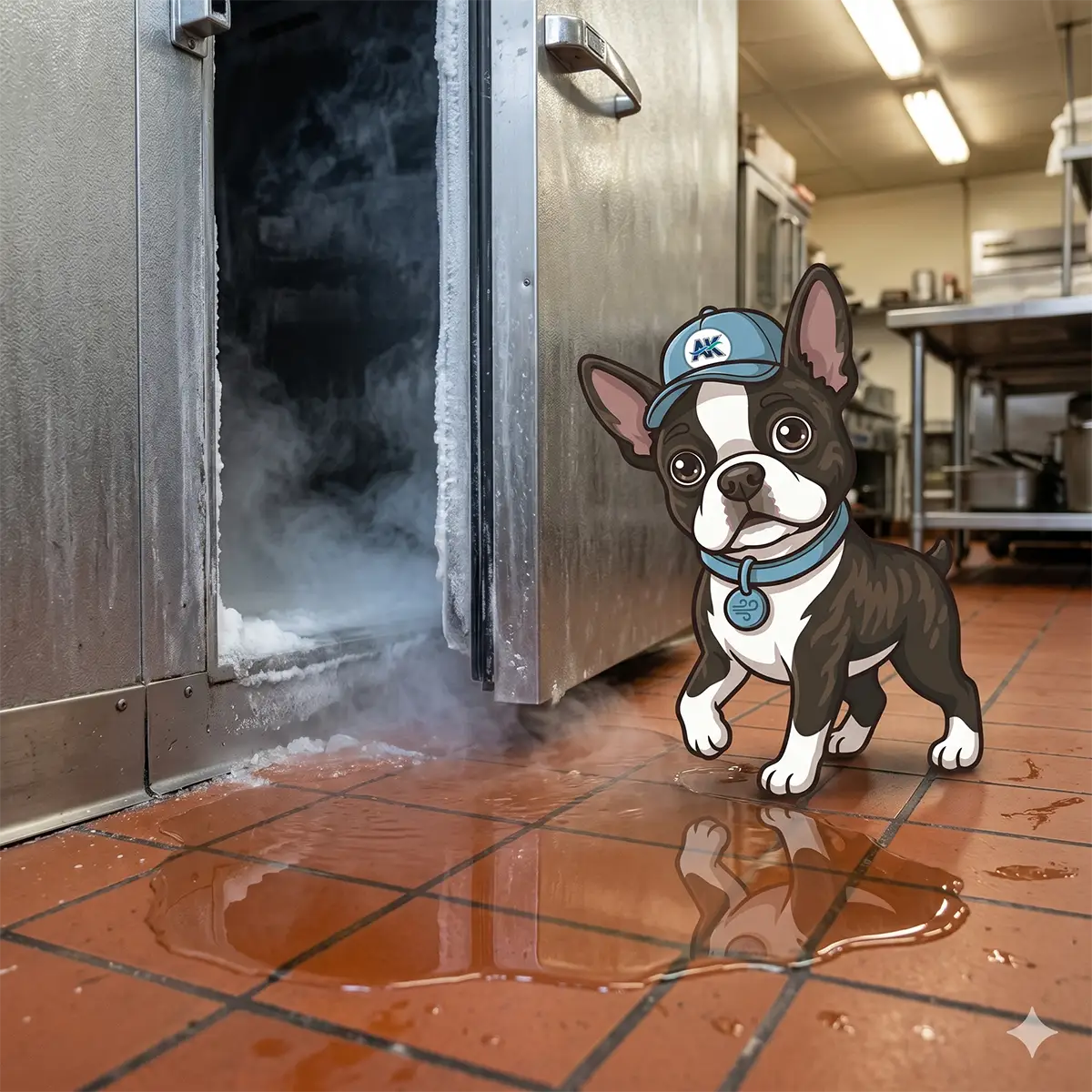 AK Heating & Cooling commercial refrigeration tech servicing a walk-in cooler