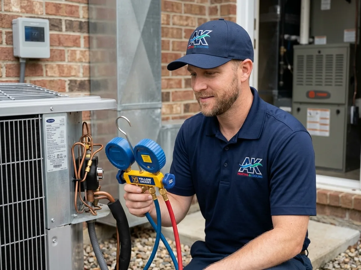 AK Heating & Cooling technician diagnosing a residential air conditioner