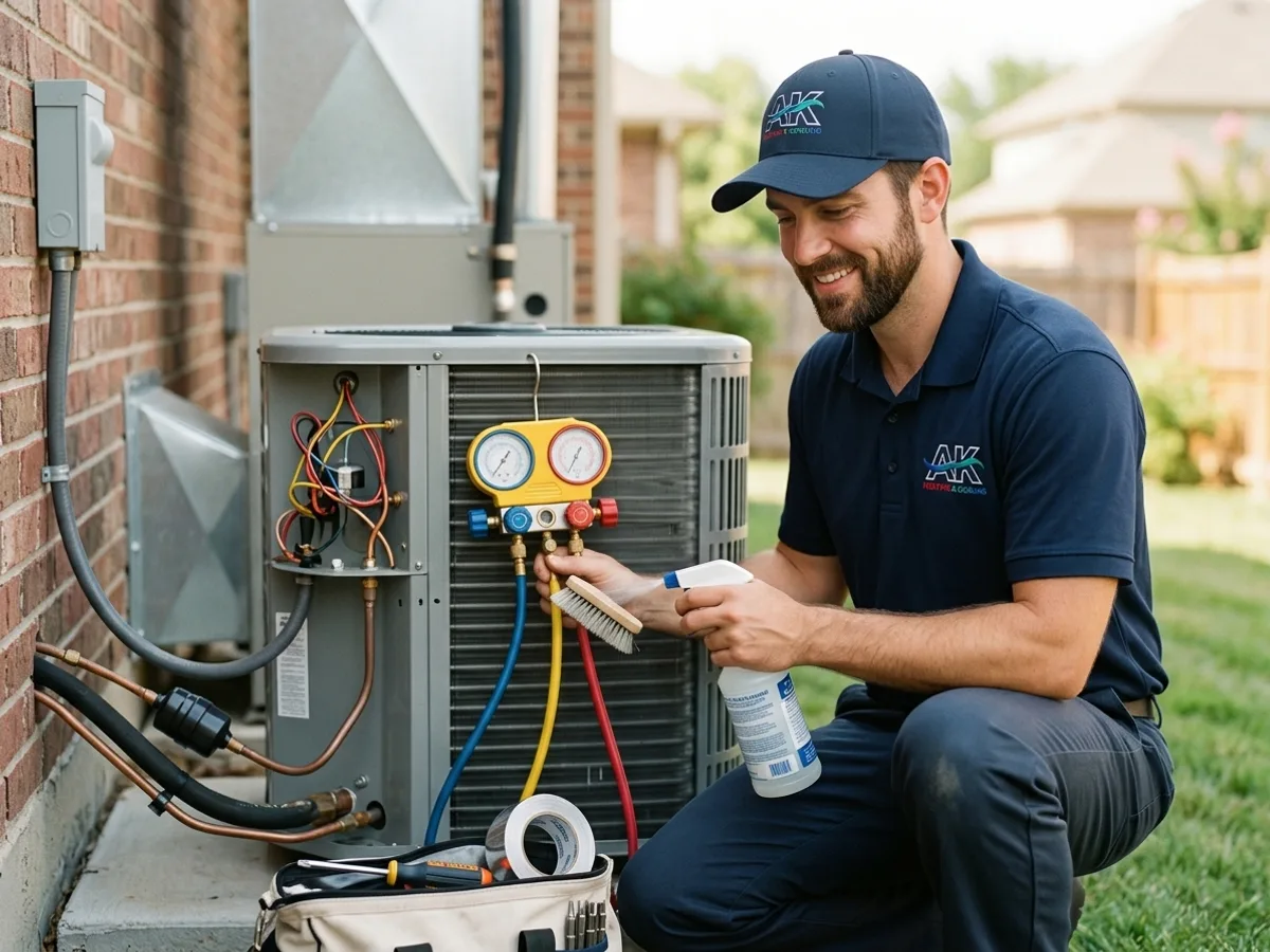 AK Heating & Cooling technician performing a spring AC tune-up on a residential condenser