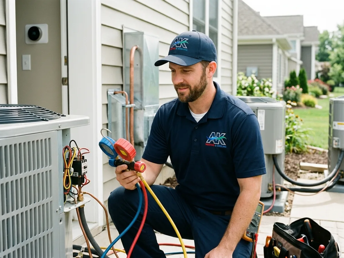 AK Heating & Cooling technician servicing a residential air conditioner