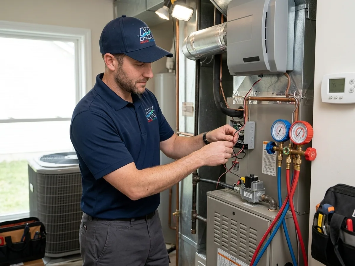 AK Heating & Cooling technician installing a whole-house media air cleaner cabinet at the return duct