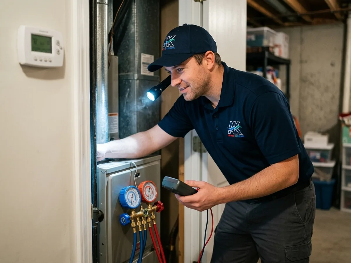 AK Heating & Cooling emergency service truck dispatched in Northeast Ohio at night