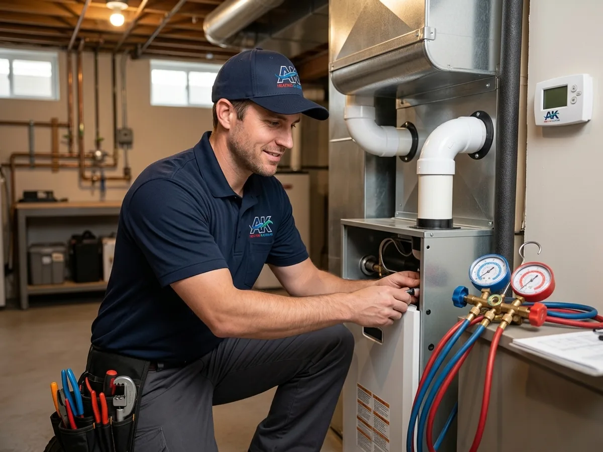 AK Heating & Cooling installer commissioning a new residential gas furnace