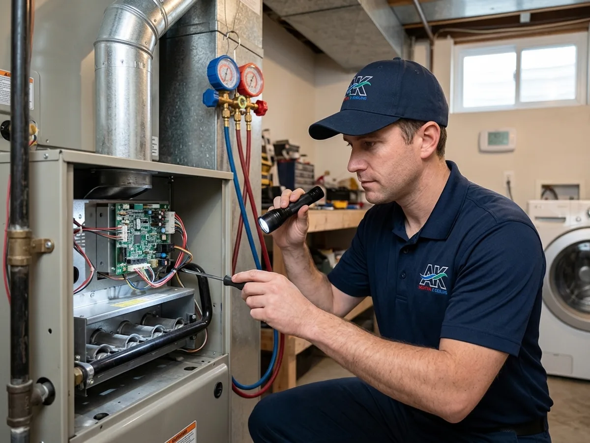 AK Heating & Cooling technician inspecting a home gas furnace with a flashlight