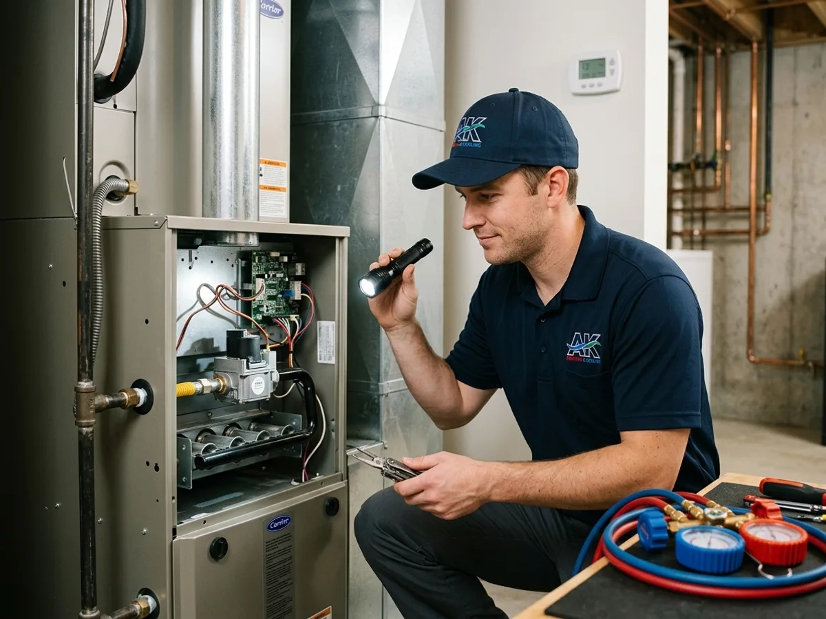 AK Heating & Cooling technician servicing a residential gas furnace