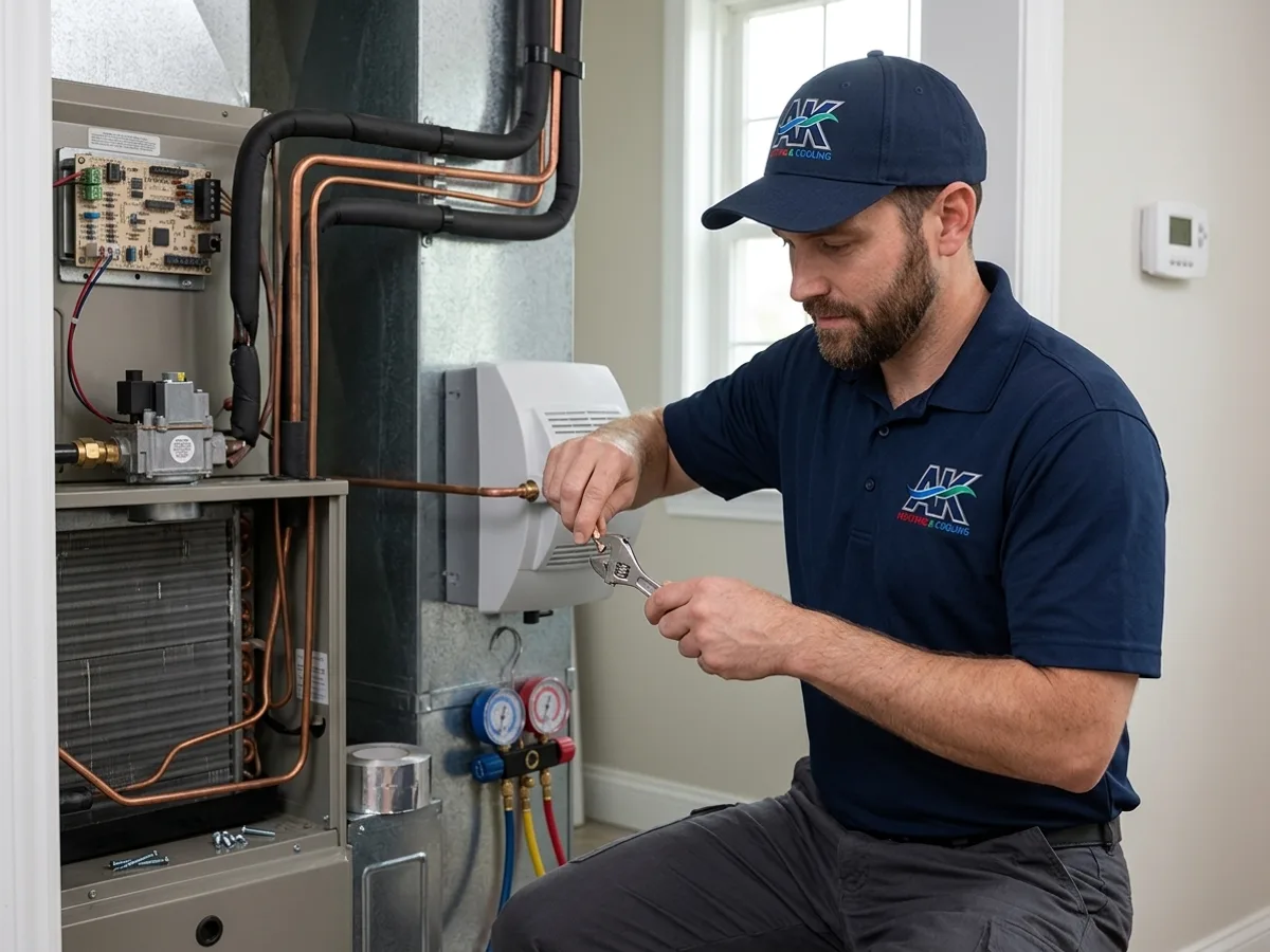 Aprilaire whole-house bypass humidifier mounted on a residential furnace plenum