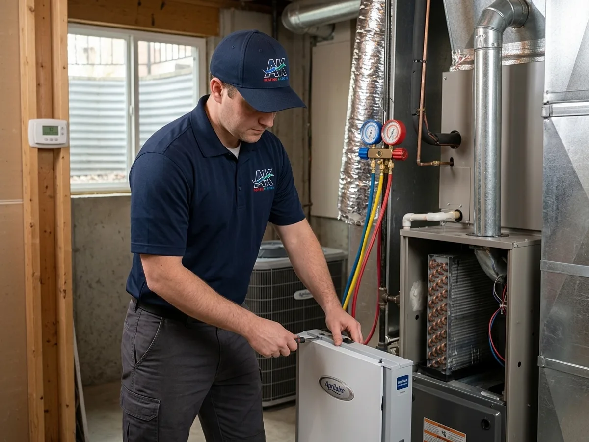 AK Heating & Cooling technician installing a whole-house air cleaner on a residential HVAC system