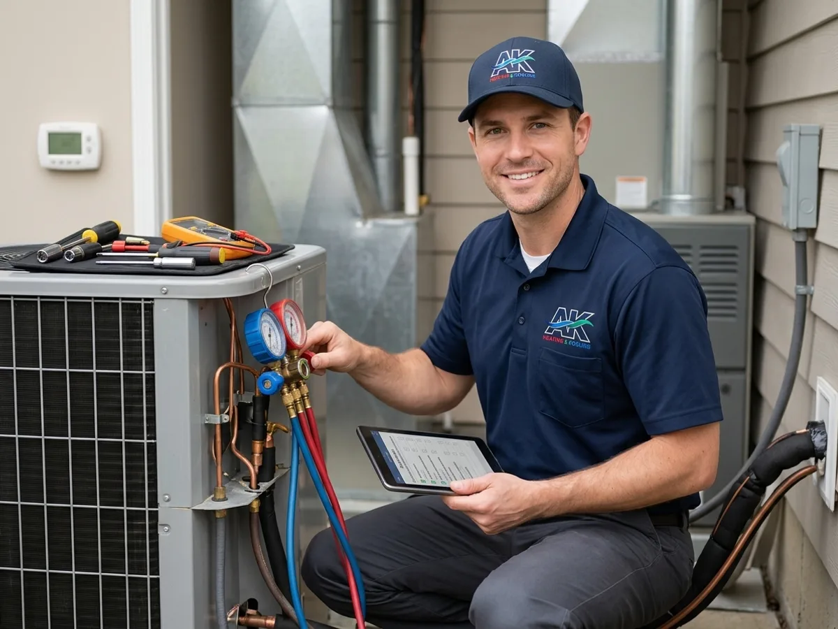 AK Heating & Cooling technician performing a multi-point HVAC maintenance check on a Northeast Ohio home