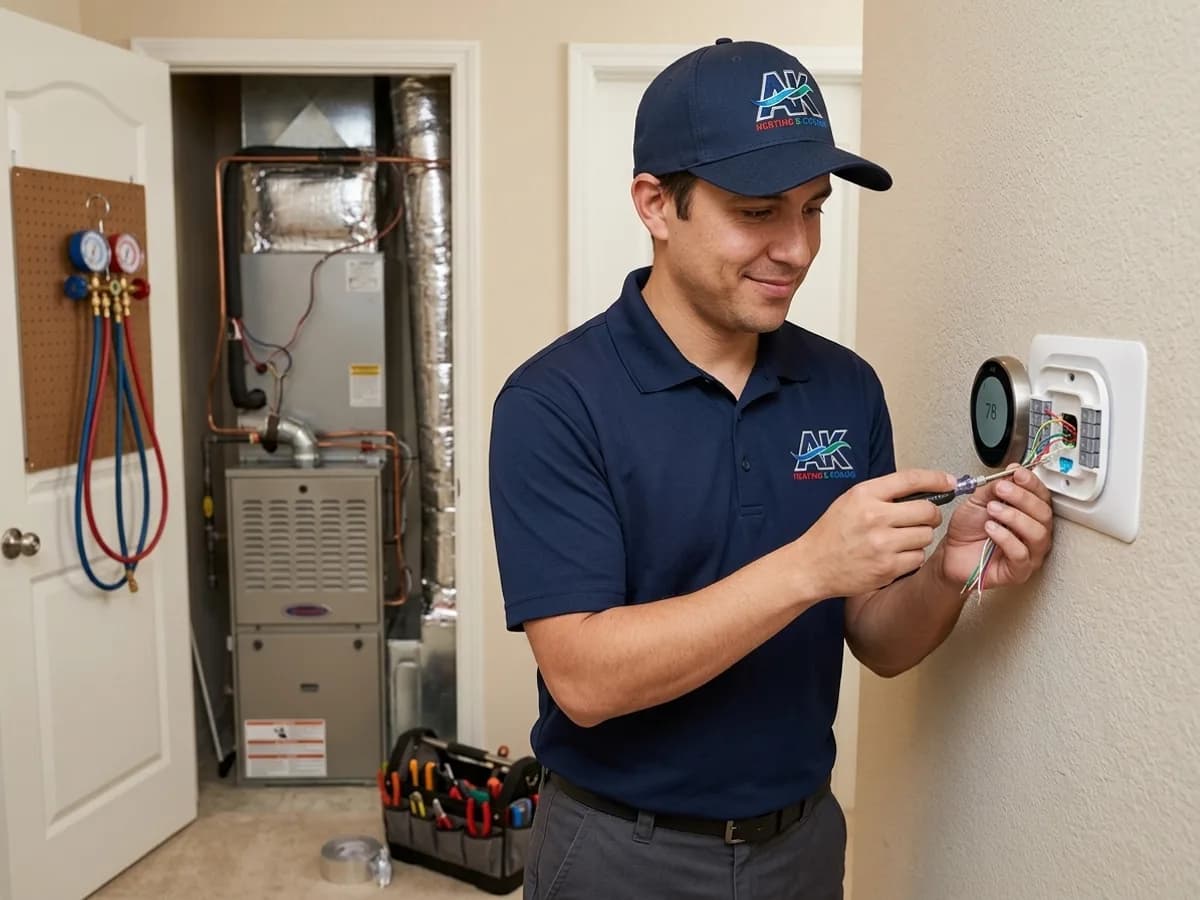 AK Heating & Cooling technician installing a smart thermostat with C-wire upgrade in a Northeast Ohio home