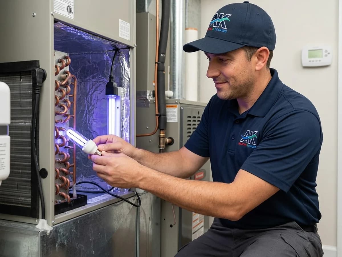 UV-C germicidal lamp installed inside a residential air handler near the evaporator coil